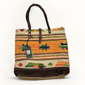 Myra Bag Owner's Pride tote bag upcycled canvas and genuine leather NWT